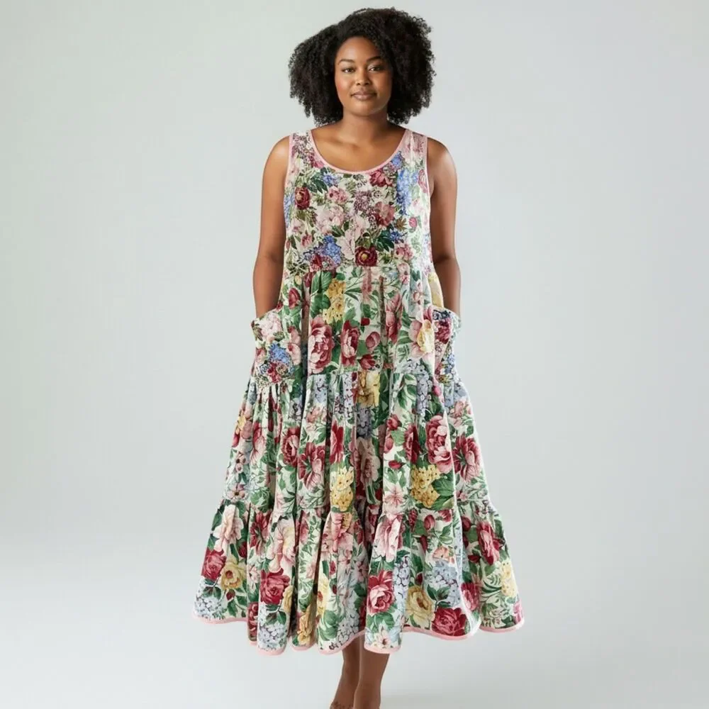 Handmade Floral Tiered Maxi Dress, patch pockets and adjustable straps, Size L - Picture 1 of 16